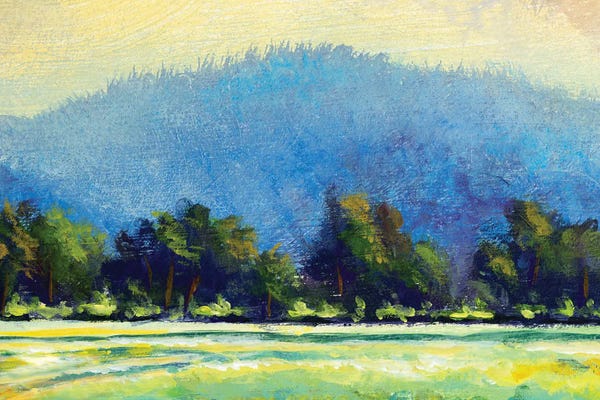 Valery Rybakow: Sunny Day In Nature. Illustration Of Field, Trees And Big Mountain by Valery Rybakow