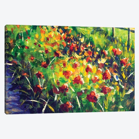 Red Flowers Poppies Peonies In The Vegetable Garden Oil Canvas Print #VRY864} by Valery Rybakow Canvas Print