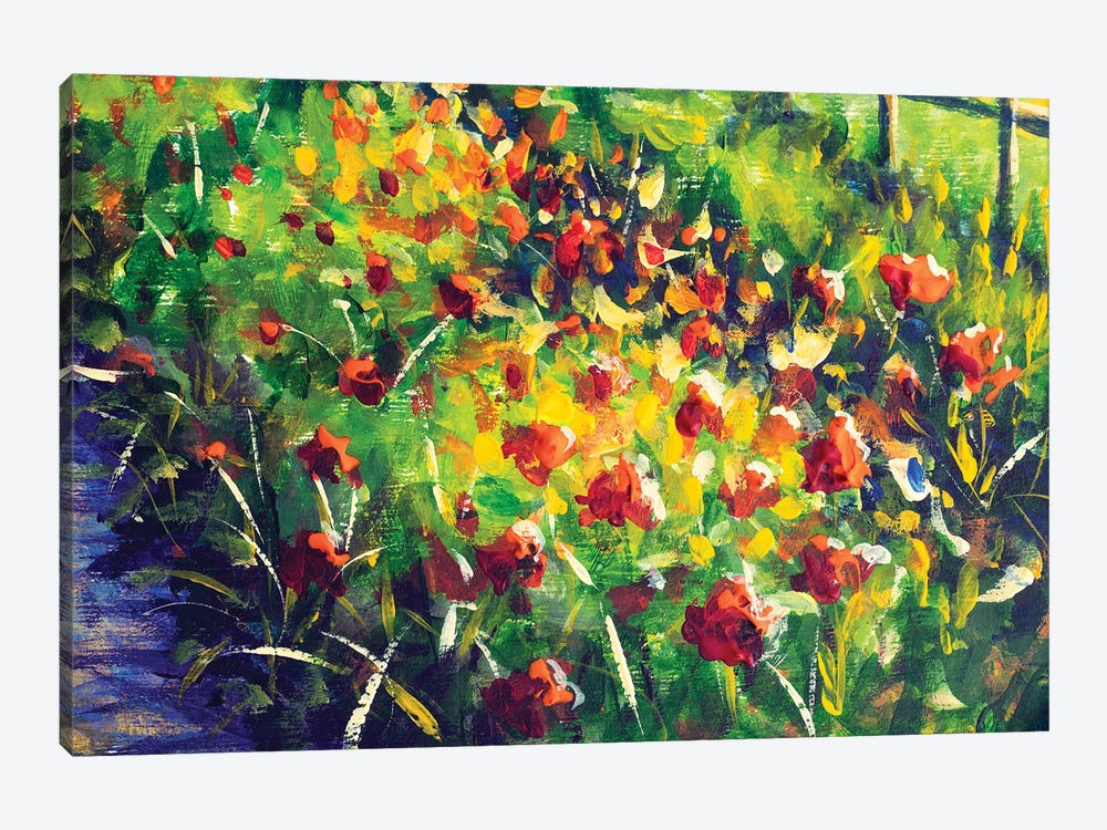 Red Flowers Poppies Peonies In The Vegetable Garden Oil by Valery Rybakow 1-piece Canvas Print