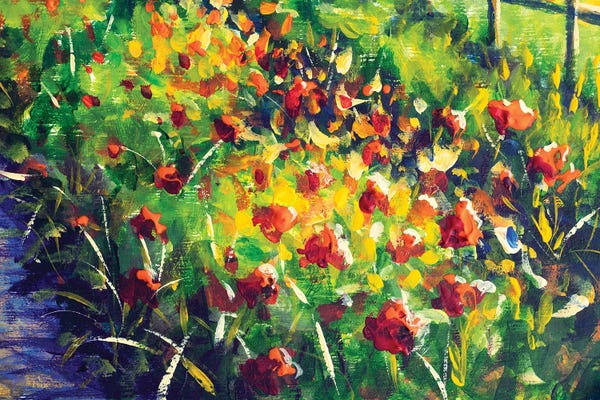 Valery Rybakow: Red Flowers Poppies Peonies In The Vegetable Garden Oil by Valery Rybakow