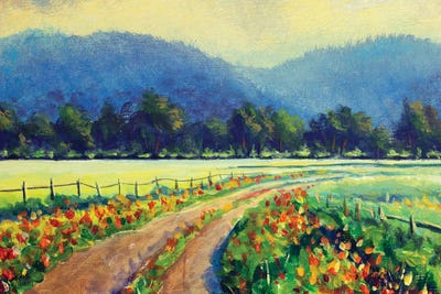 Rural Landscape, Road Among Red Wildflowers Through Field To Mountains by Valery Rybakow framed wall art