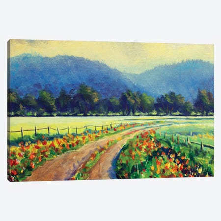 Rural Landscape, Road Among Red Wildflowers Through Field To Mountains Canvas Print #VRY866} by Valery Rybakow Canvas Print