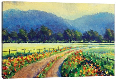 Rural Landscape, Road Among Red Wildflowers Through Field To Mountains Canvas Art Print - Valery Rybakow