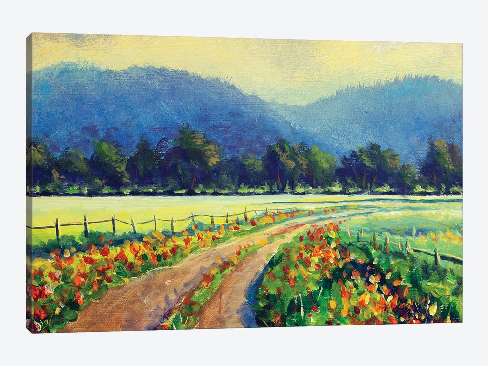 Rural Landscape, Road Among Red Wildflowers Through Field To Mountains by Valery Rybakow 1-piece Canvas Print