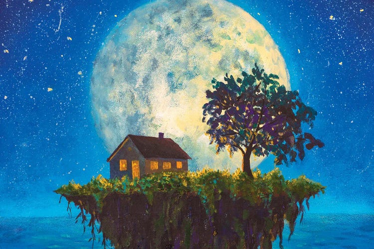 House And Tree On A Flying Island In Night Sea On Big Moon