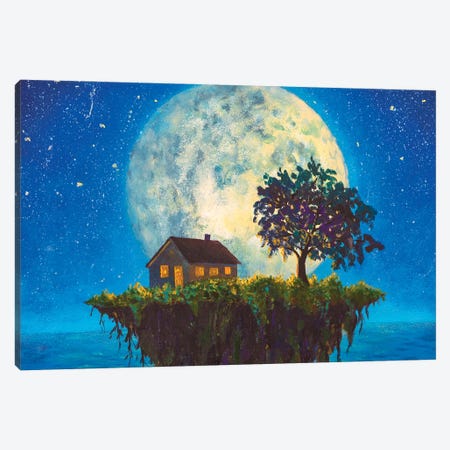 House And Tree On A Flying Island In Night Sea On Big Moon Canvas Print #VRY880} by Valery Rybakow Canvas Art