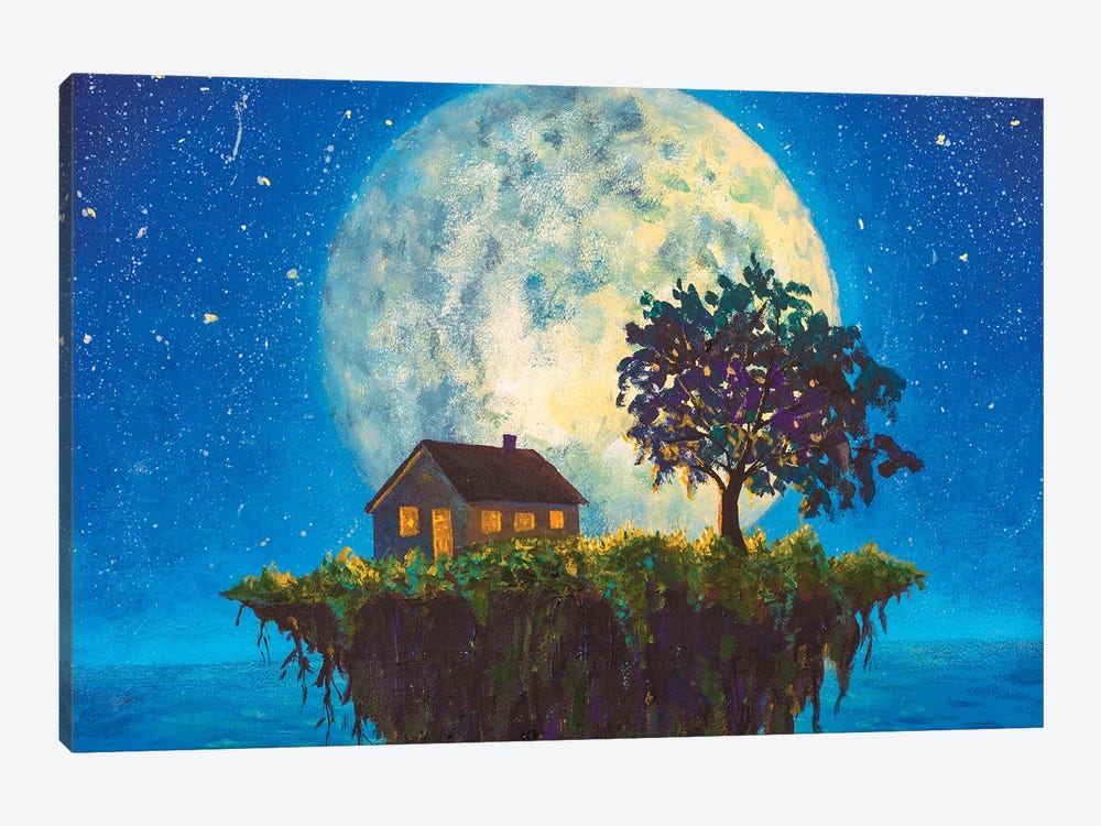 House And Tree On A Flying Island In Night Sea On Big Moon by Valery Rybakow 1-piece Art Print