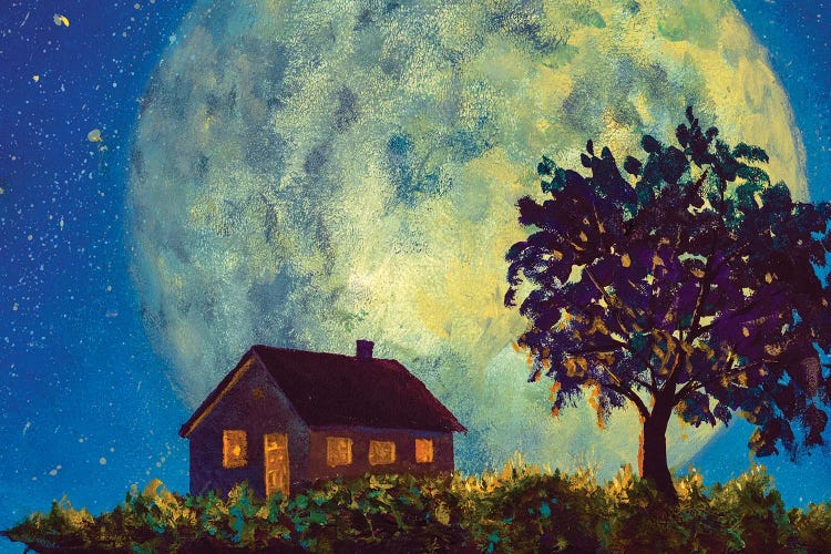 Cozy Village House And Tree Against The Backdrop Of A Big Moon In Night