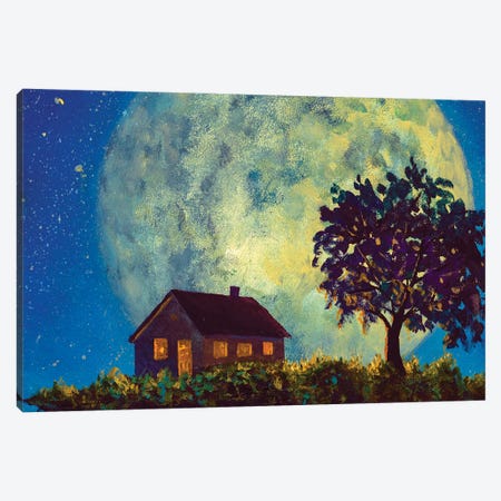 Cozy Village House And Tree Against The Backdrop Of A Big Moon In Night Canvas Print #VRY881} by Valery Rybakow Canvas Art