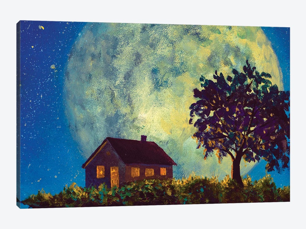 Cozy Village House And Tree Against The Backdrop Of A Big Moon In Night by Valery Rybakow 1-piece Canvas Art