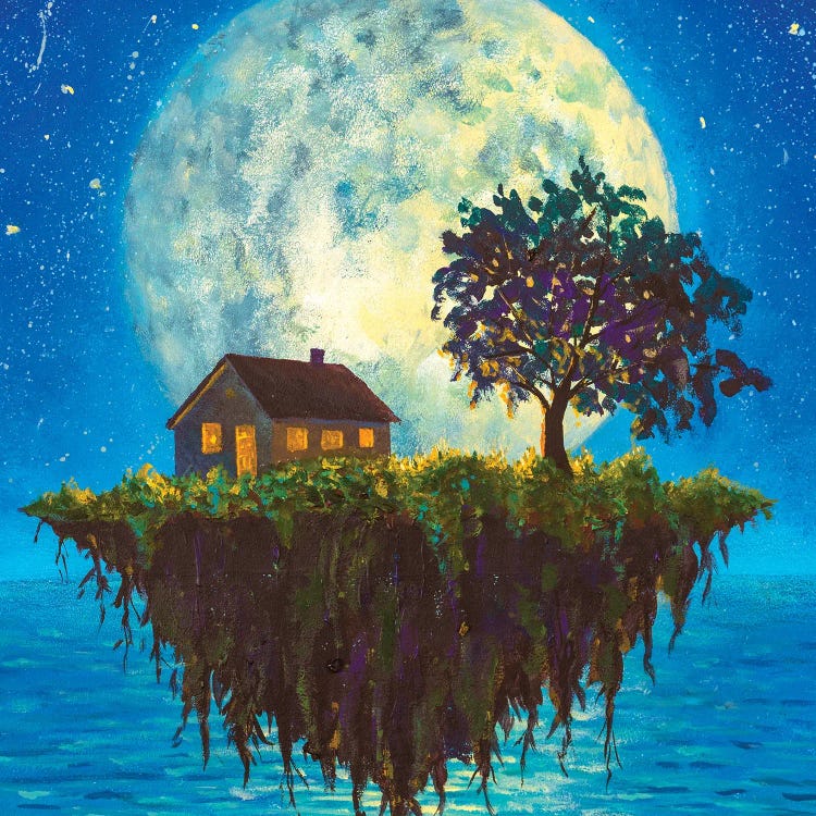 House And Tree On A Flying Island In Night Sea On Big Moon Art