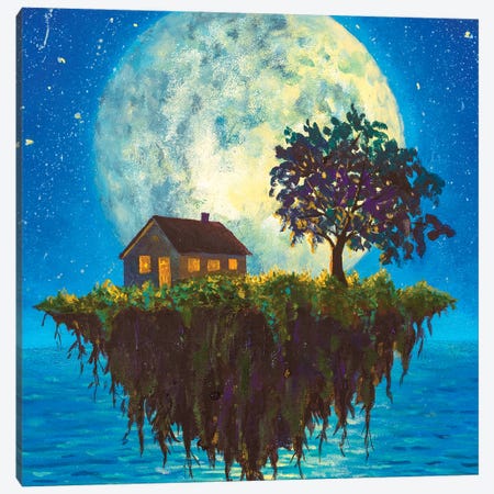 House And Tree On A Flying Island In Night Sea On Big Moon Art Canvas Print #VRY882} by Valery Rybakow Canvas Artwork