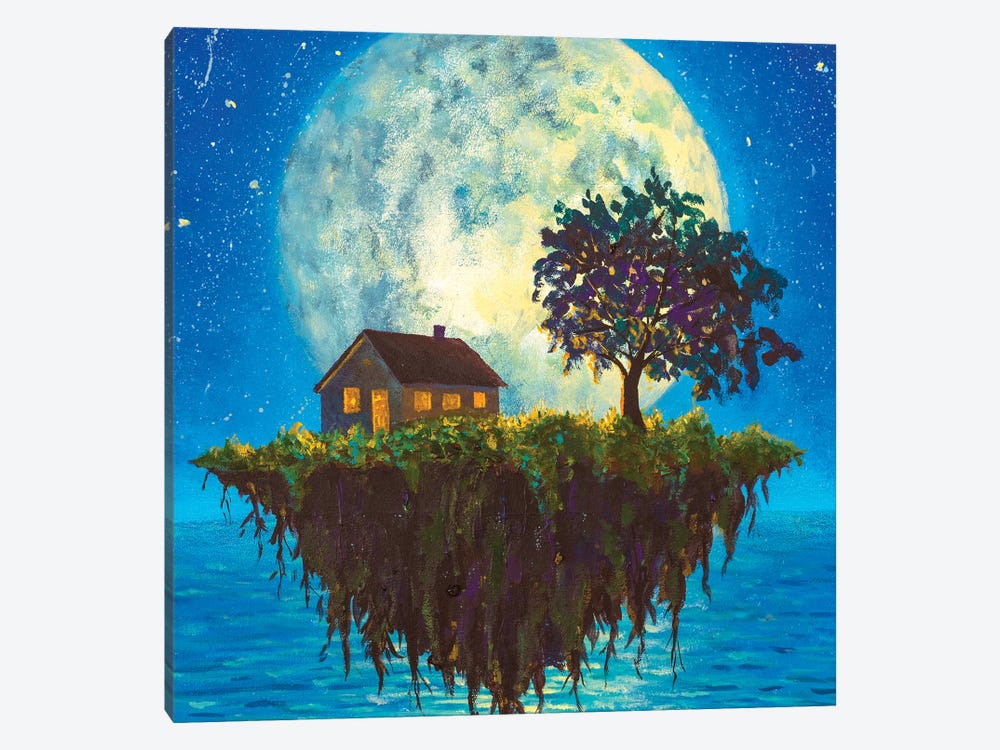 House And Tree On A Flying Island In Night Sea On Big Moon Art by Valery Rybakow 1-piece Canvas Print
