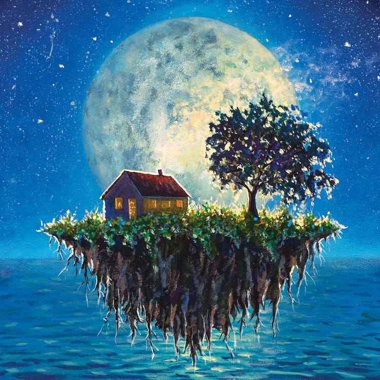 House And Tree On A Flying Island In Night Sea On Big Moon