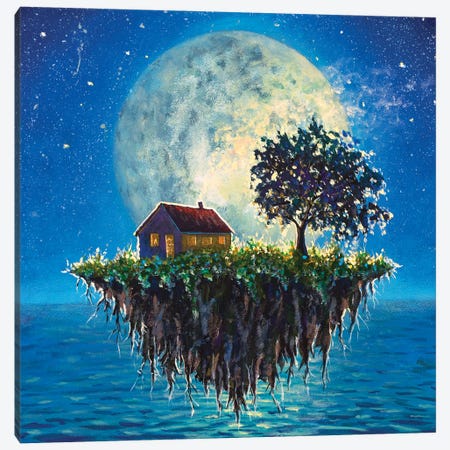 House And Tree On A Flying Island In Night Sea On Big Moon Canvas Print #VRY883} by Valery Rybakow Canvas Wall Art