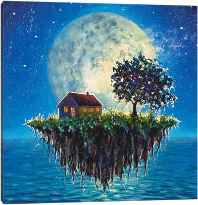 House And Tree On A Flying Island In Night Sea On Big Moon Canvas Art Print - Valery Rybakow