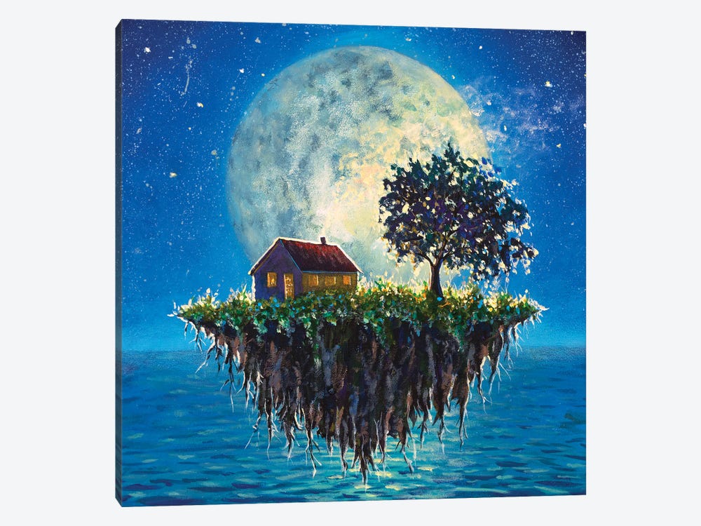 House And Tree On A Flying Island In Night Sea On Big Moon 1-piece Canvas Art