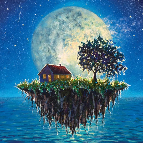 Islands: House And Tree On A Flying Island In Night Sea On Big Moon by Valery Rybakow