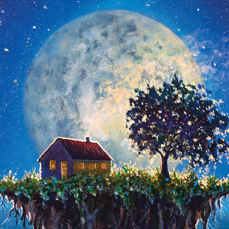 Fantasy House And Tree On A Flying Island In Night Sea On Big Moon