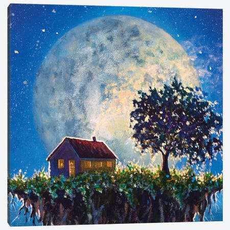 Fantasy House And Tree On A Flying Island In Night Sea On Big Moon Canvas Print #VRY884} by Valery Rybakow Art Print