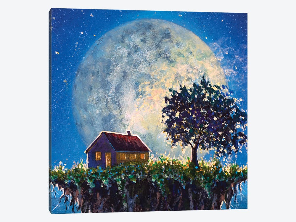 Fantasy House And Tree On A Flying Island In Night Sea On Big Moon by Valery Rybakow 1-piece Canvas Art Print