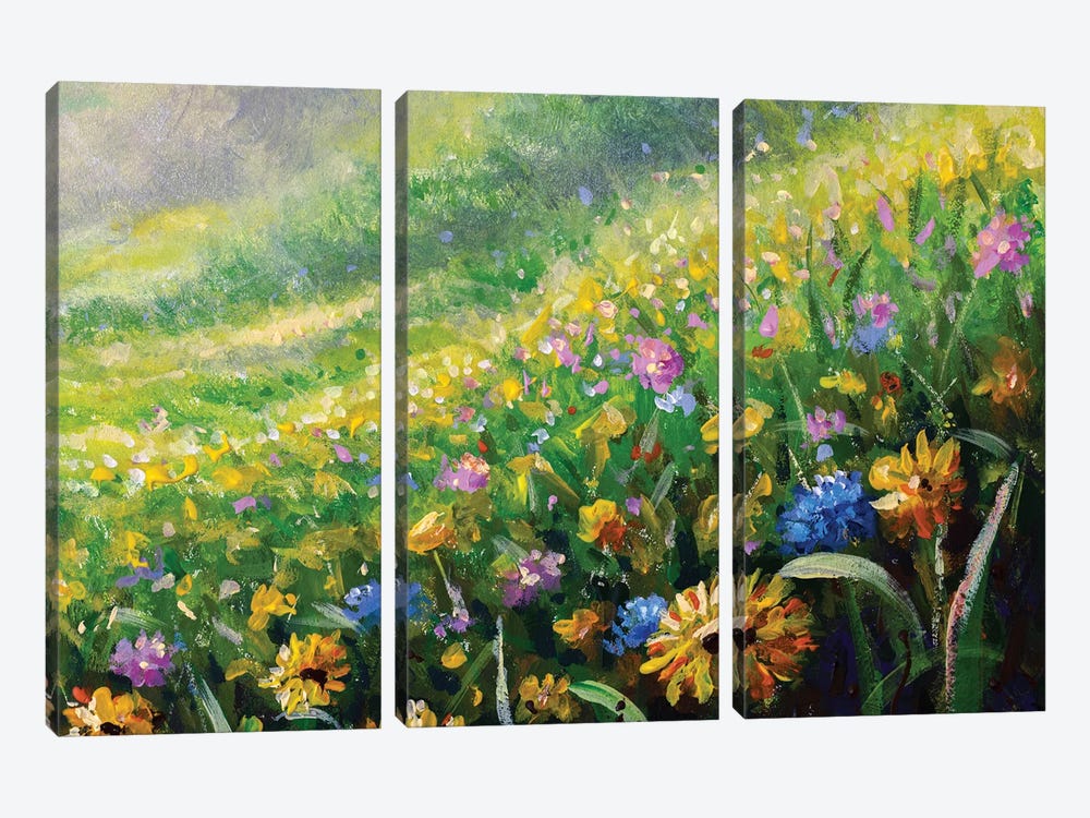 Meadow In Spring And Summer Wildflowers Daisies by Valery Rybakow 3-piece Canvas Art Print
