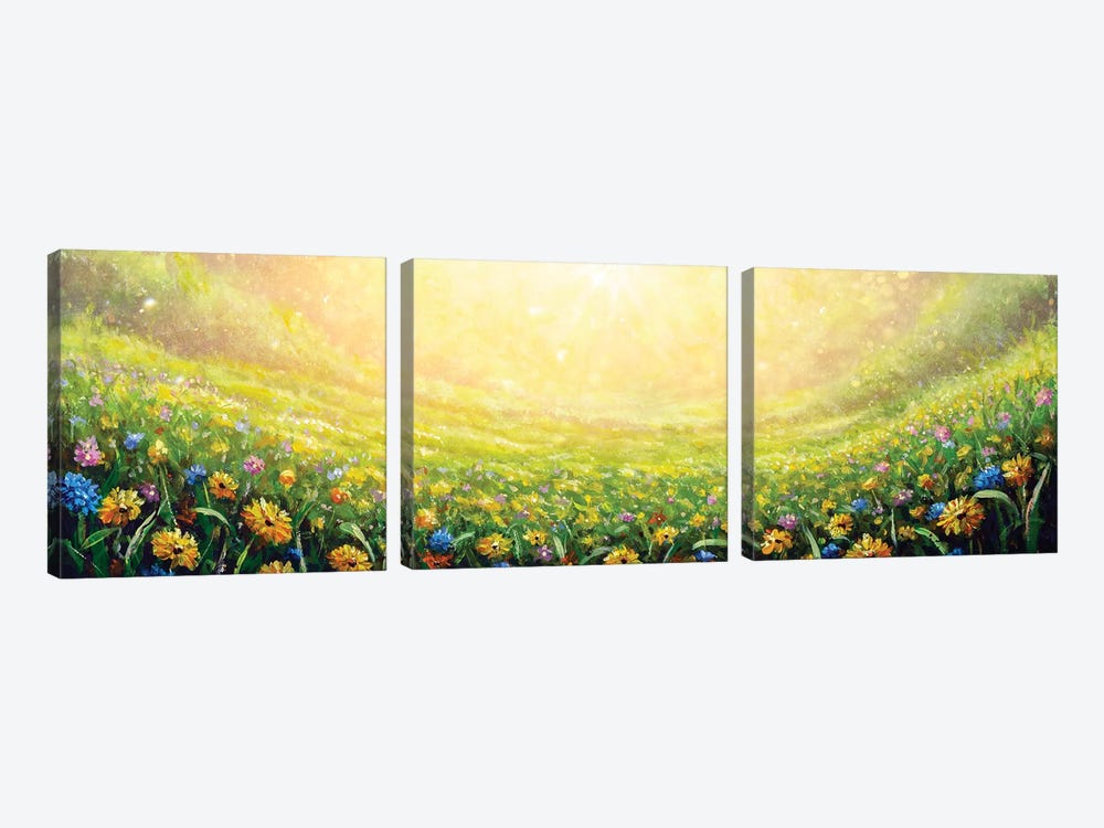 Yellow Flower Daisies And Blue Wildflowers In Grass by Valery Rybakow 3-piece Canvas Print