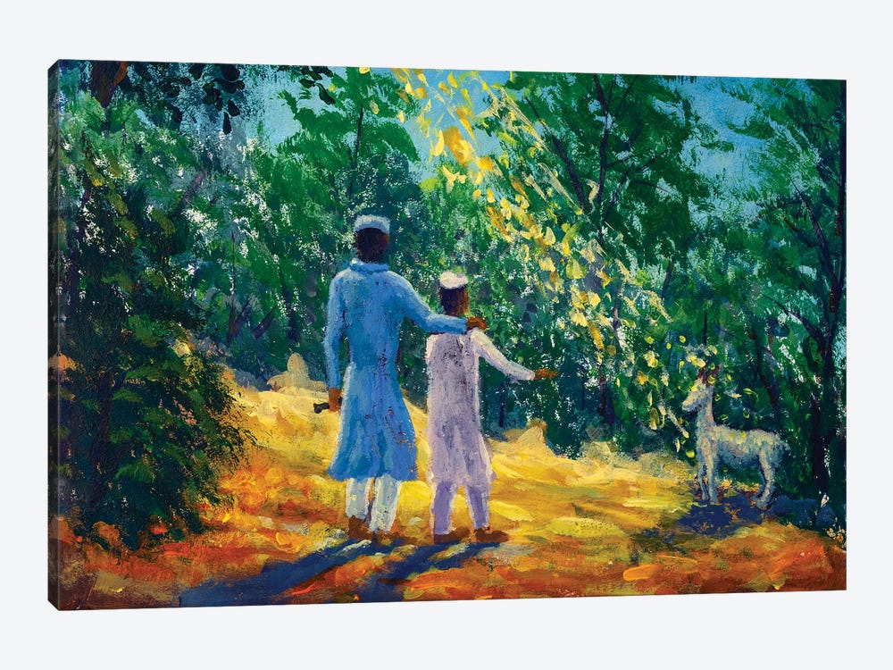 Eid El Adha - Father And Son Looking At A Sheep by Valery Rybakow 1-piece Canvas Print