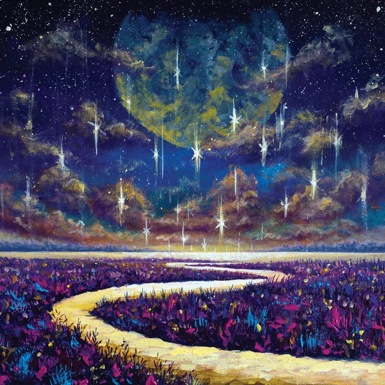 Starry Night Sky And Glowing River Among Purple Fields