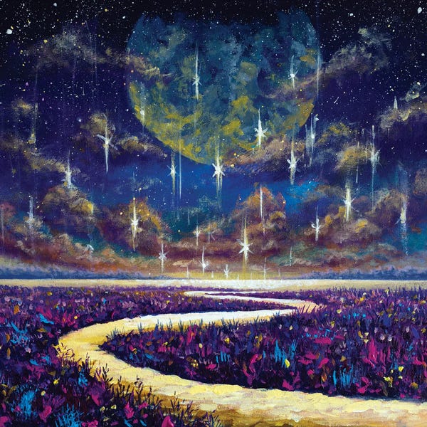 Starry Night Sky And Glowing River Among Purple Fields