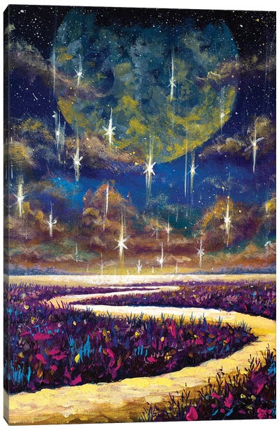 Big Moon And Luminous Shooting Stars Canvas Art Print - Nature Renewal