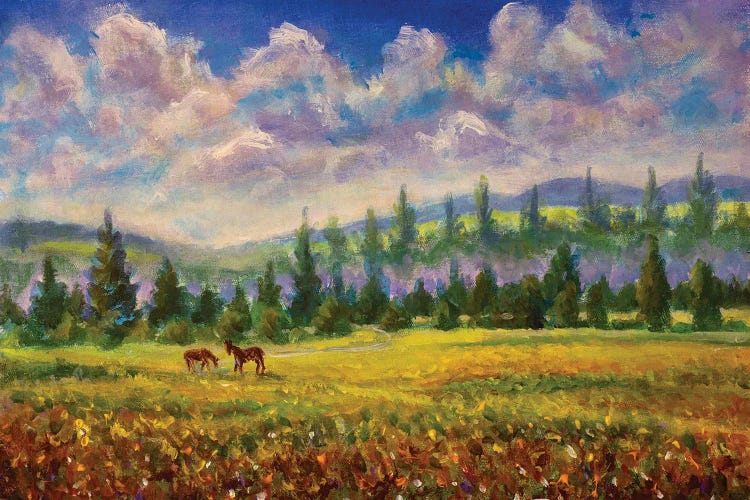 Beautiful Rustic Countryside Landscape With Horses Animals