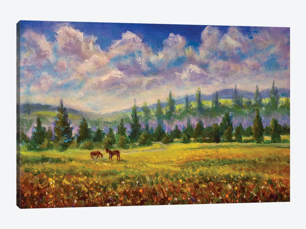 Beautiful Rustic Countryside Landscape With Horses Animals by Valery Rybakow 1-piece Canvas Print