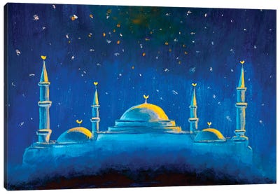 Night Mosque, Hand Drawn Muslim Sight Canvas Art Print - Blue Mosque