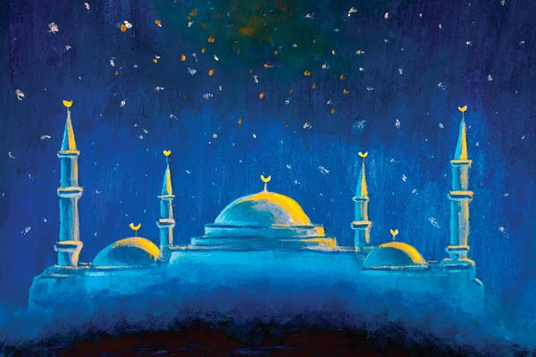 Middle Eastern Culture: Night Mosque, Hand Drawn Muslim Sight by Valery Rybakow