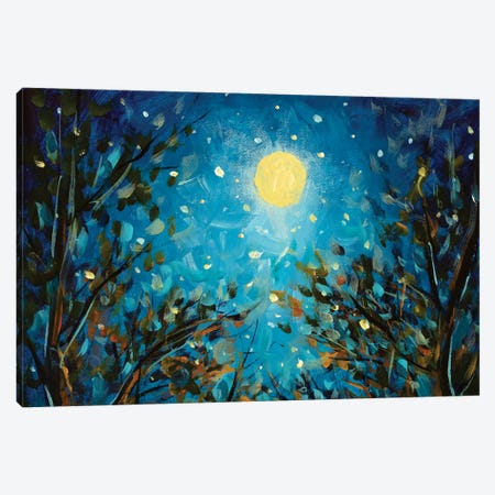 Trees Under A Glowing Moon In A Blue Starry Sky Canvas Print #VRY924} by Valery Rybakow Canvas Wall Art