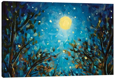Trees Under A Glowing Moon In A Blue Starry Sky Canvas Art Print - Valery Rybakow
