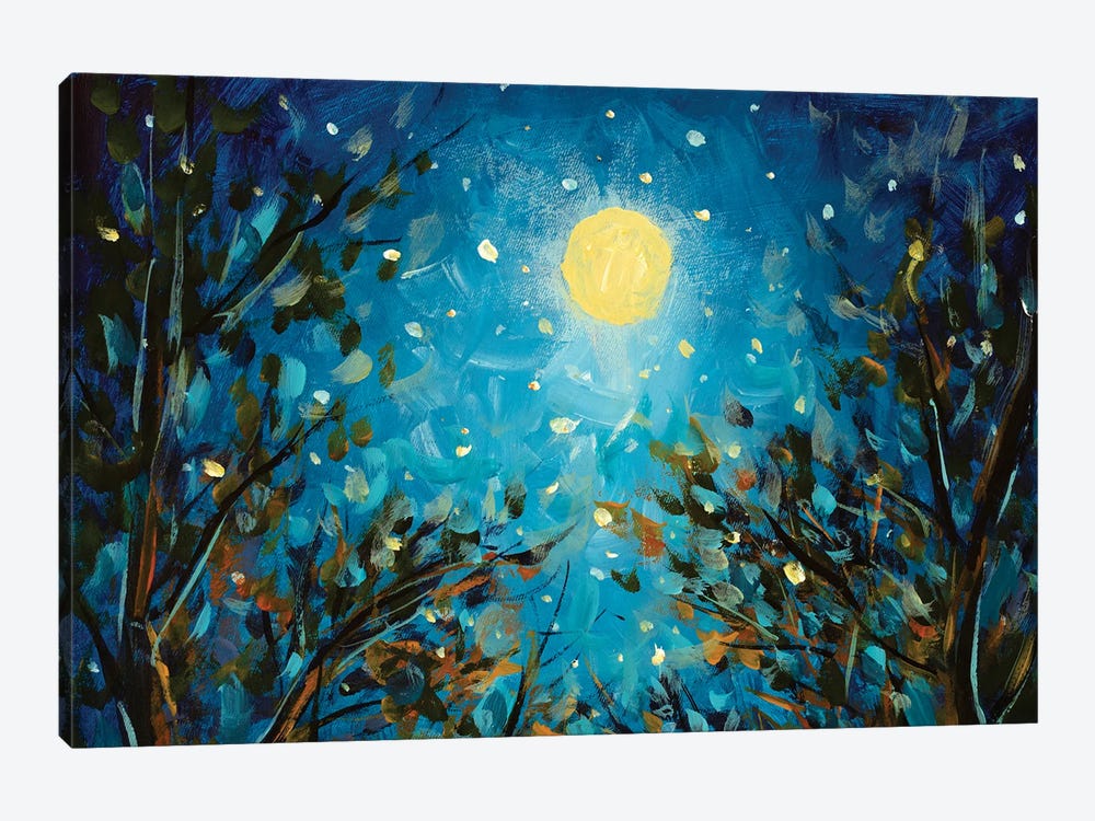 Trees Under A Glowing Moon In A Blue Starry Sky by Valery Rybakow 1-piece Canvas Wall Art