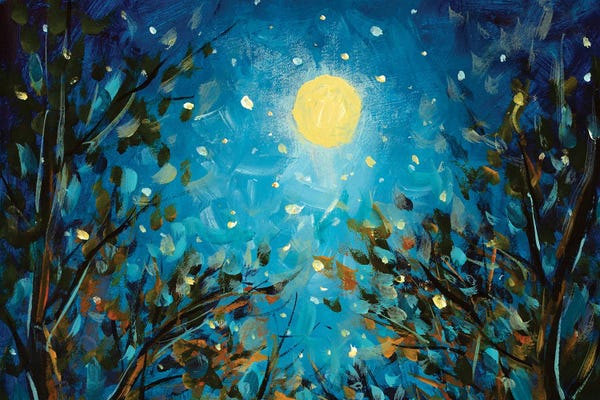 Valery Rybakow: Trees Under A Glowing Moon In A Blue Starry Sky by Valery Rybakow