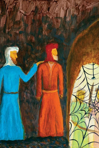 Valery Rybakow: Muslim Men Muhammad And Abu-Bakr hiding In A Cave Protected By A Cobweb by Valery Rybakow
