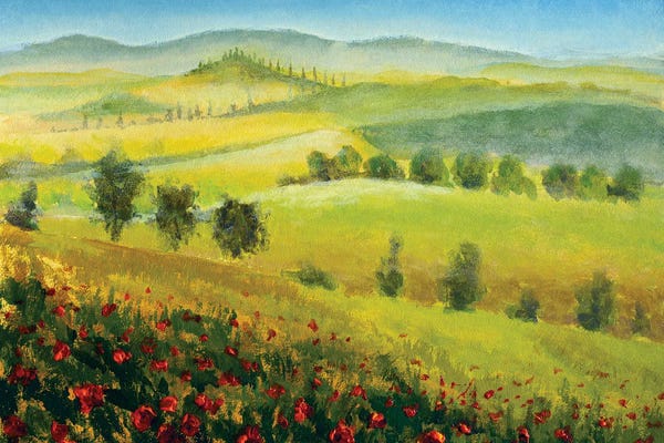 Valery Rybakow: Hills And Meadows, Field Of Red Wild Flowers Poppies by Valery Rybakow