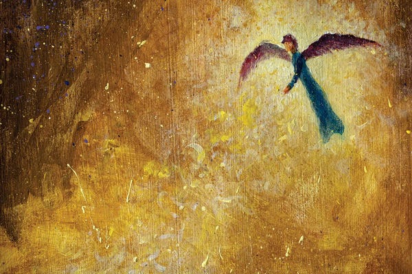 Valery Rybakow: Winged Angel On Magical Yellow Background by Valery Rybakow