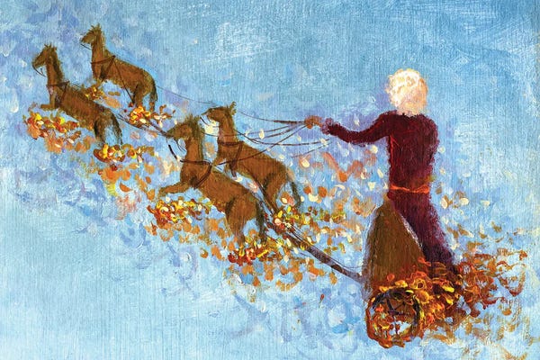 Valery Rybakow: The Ascension Of Elijah, Flying In Sky In Chariot Tracked By Horses by Valery Rybakow