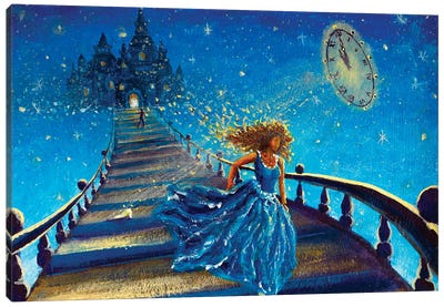 Cinderella In Blue Dress Runs Away From Palace Ball At 12 Clock Canvas Art Print - Princes & Princesses