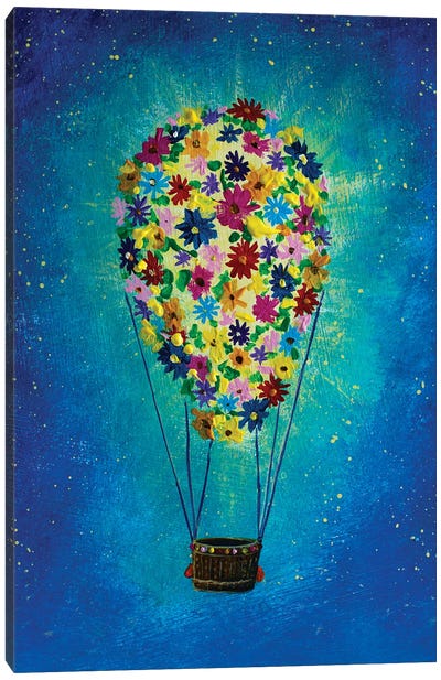 A Balloon Of Flowers In Space Illustration For A Fairy Tale Canvas Art Print - Hot Air Balloon Art