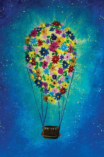 Valery Rybakow: A Balloon Of Flowers In Space Illustration For A Fairy Tale by Valery Rybakow