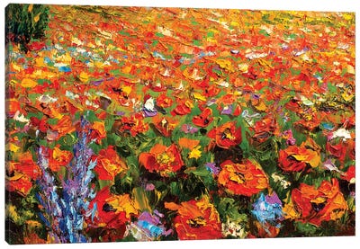 Summer Red Flowers Field Canvas Art Print - Current Day Impressionism Art