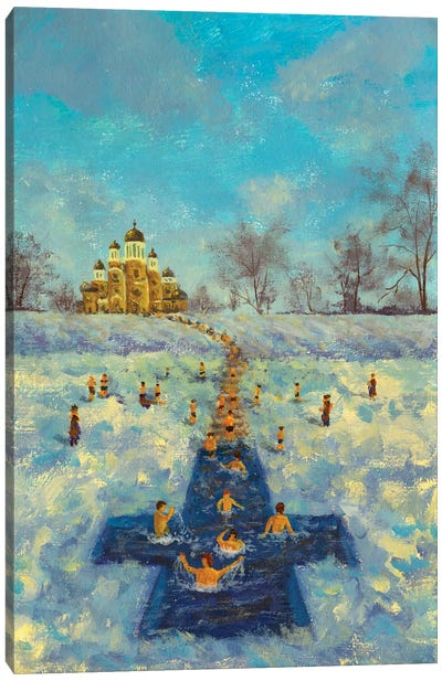 Swimmers In A Frozen River Orthodox Epiphany Canvas Art Print - Valery Rybakow