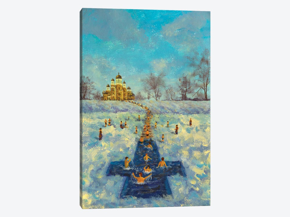 Swimmers In A Frozen River Orthodox Epiphany by Valery Rybakow 1-piece Canvas Art