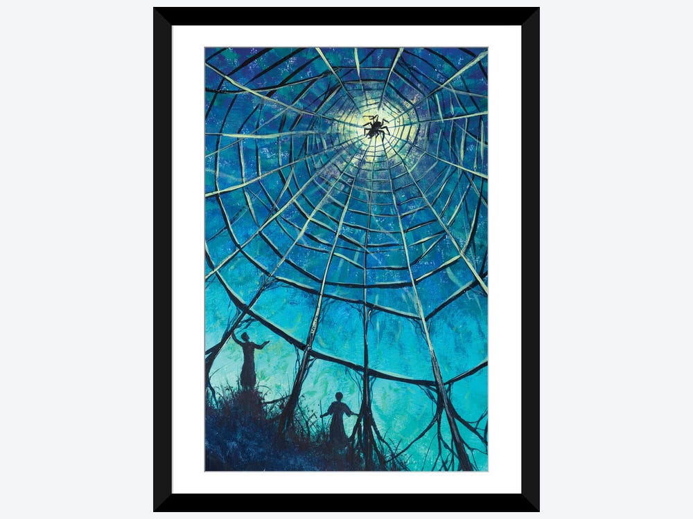 Surreal Spider Web Figures Holding Hands Silver and White Fine Art Print